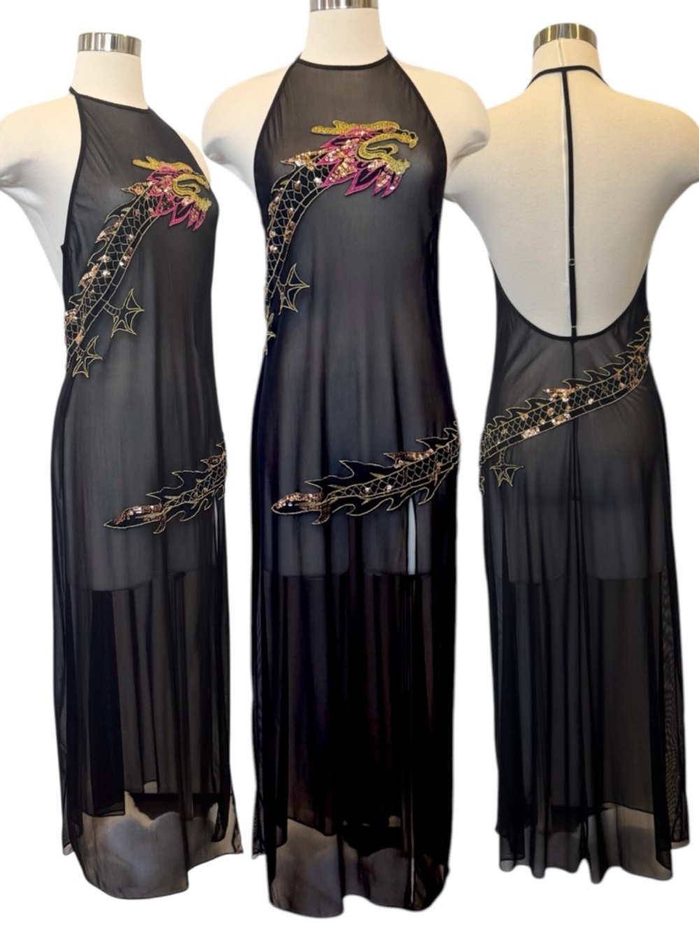 Frederick’s of Hollywood Sheer Mesh Vintage Dragon Sequin Maxi Gown Slip Dress L